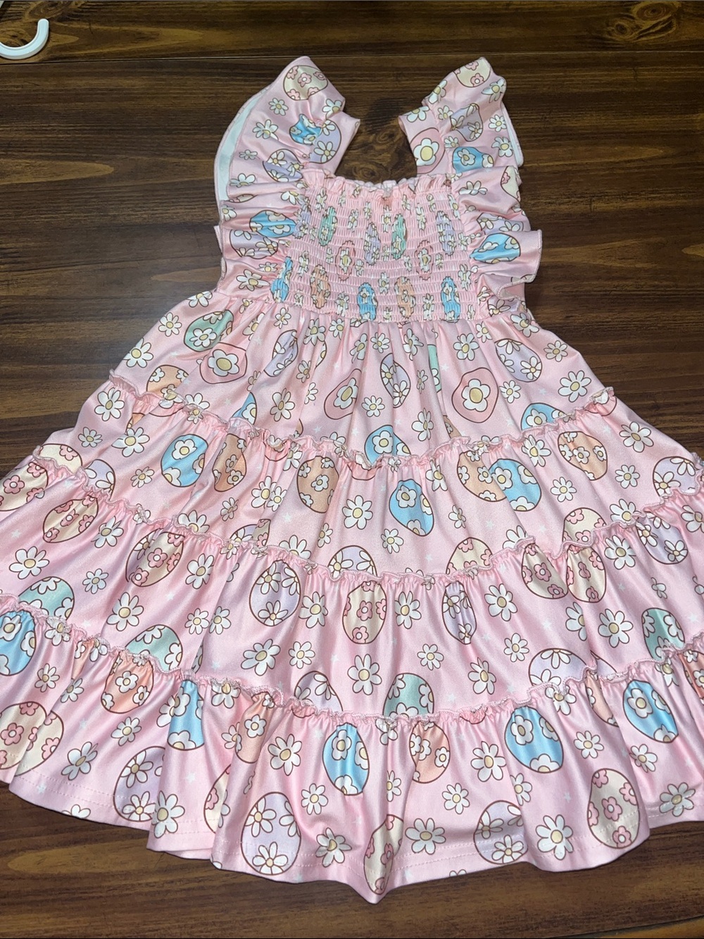 Marie Nicole Clothing -Easter Eggs and Daisies Smocked Ruffle Dress- size L (4)